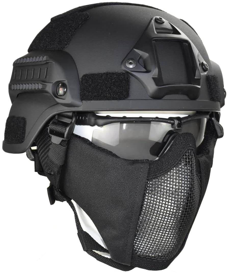 Jadedragon MICH 2000 Style ACH Tactical Helmet with Protect Ear Foldable Double Straps Half Face Mesh Mask & Goggle