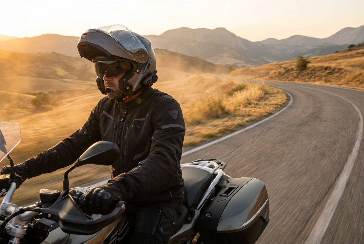 Touring motorcyclist at sunset wearing a modular helmet with bluetooth intercom