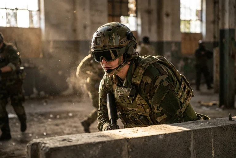 Airsoft player in FAST tactical bump helmet with goggles taking cover during CQB play
