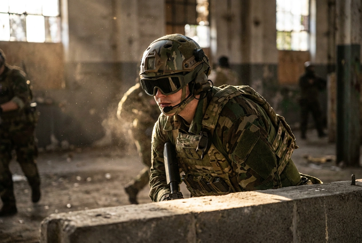 Airsoft player in FAST tactical bump helmet with goggles taking cover during CQB play