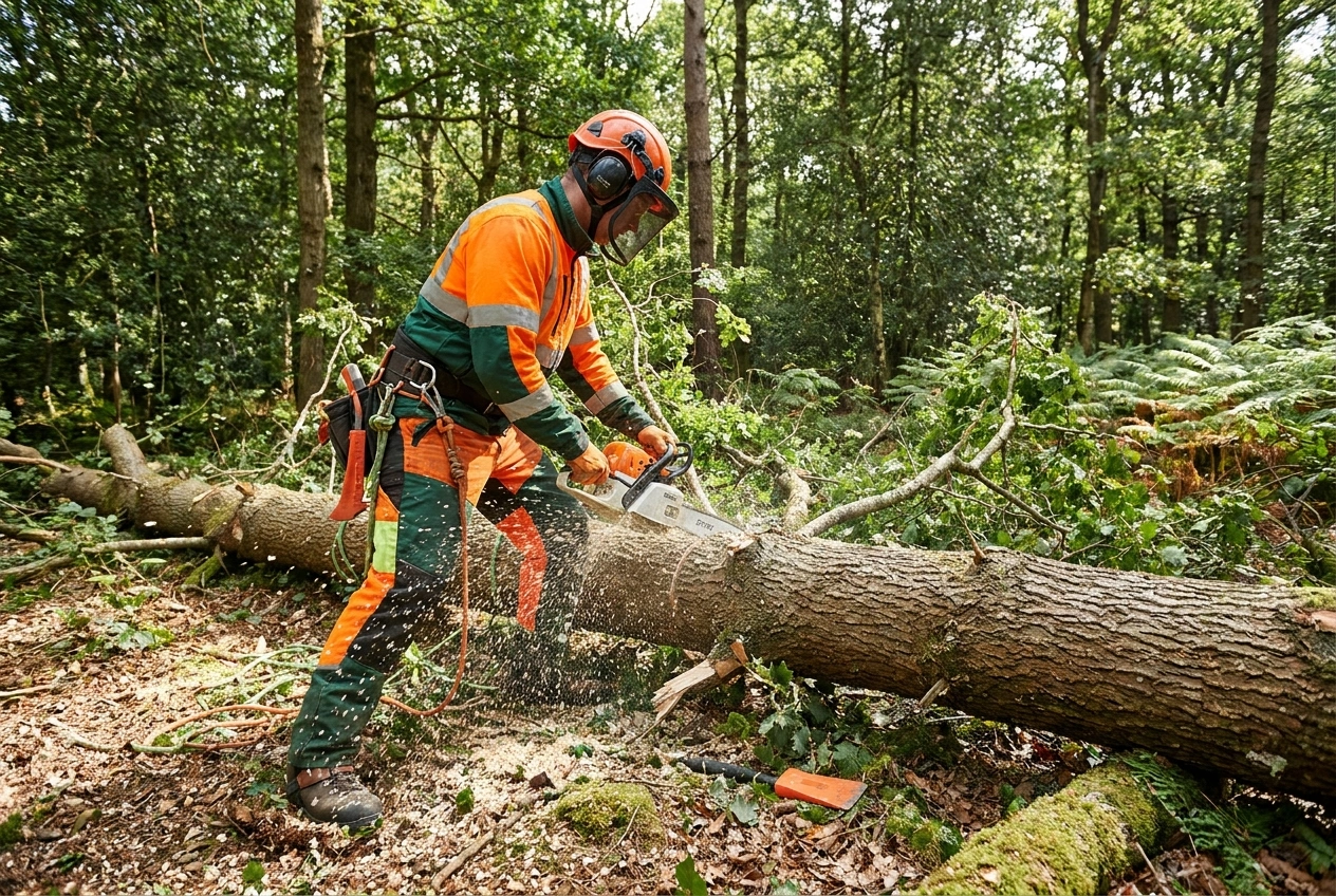Professional arborist cutting fallen log with chainsaw while wearing orange forestry helmet with mesh visor and ear defenders