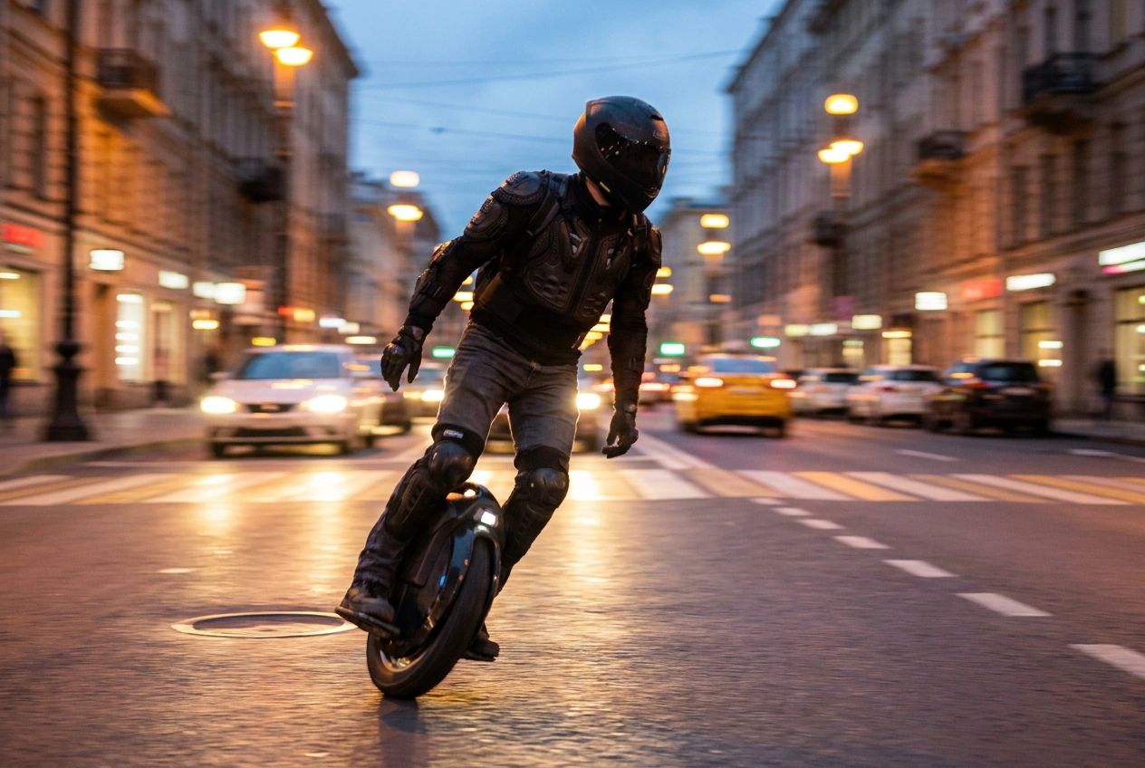 Rider on an electric unicycle carving a city street at dusk in a full-face helmet