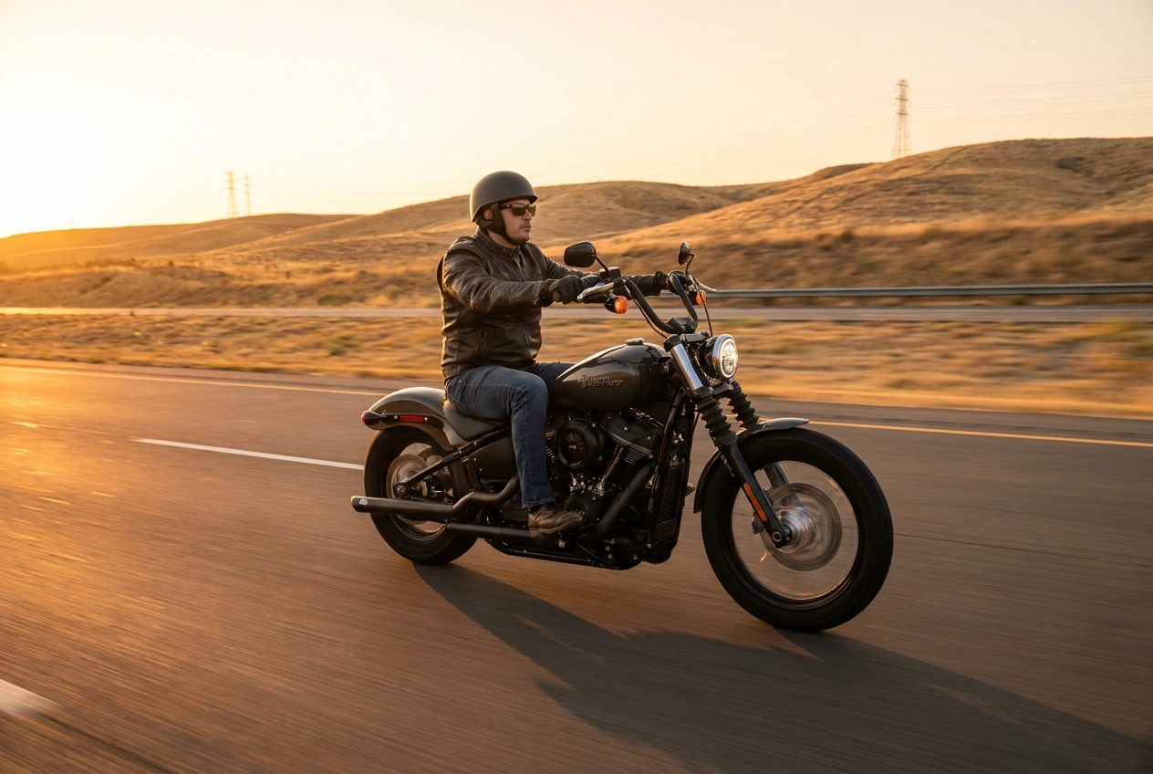 Cruiser motorcyclist riding at sunset wearing a low-profile half-shell helmet