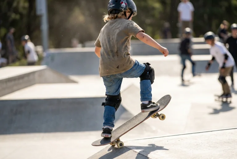 Child skateboarding at a skate park wearing a certified helmet and knee pads