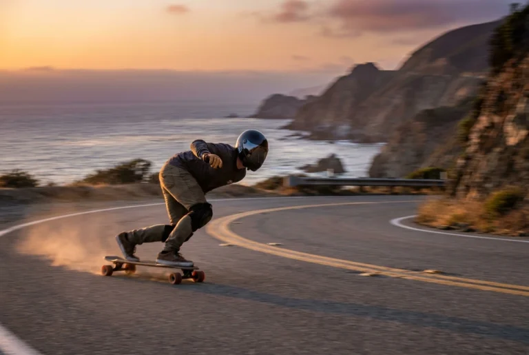 Longboarder carving down a coastal hill road at sunset wearing a full-face helmet