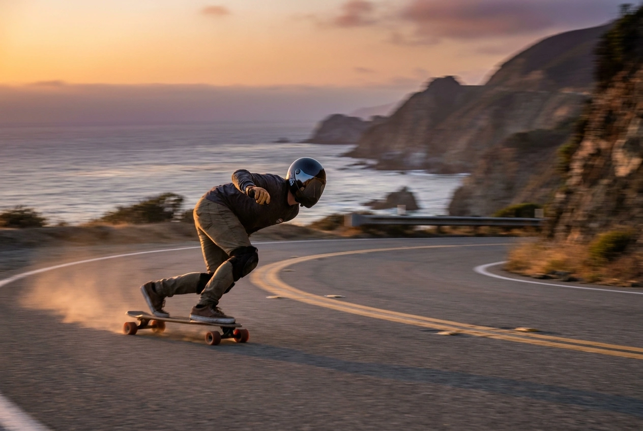 Longboarder carving down a coastal hill road at sunset wearing a full-face helmet