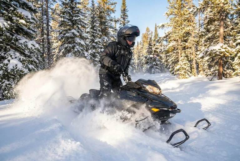 Snowmobiler riding through fresh powder wearing a modular snowmobile helmet