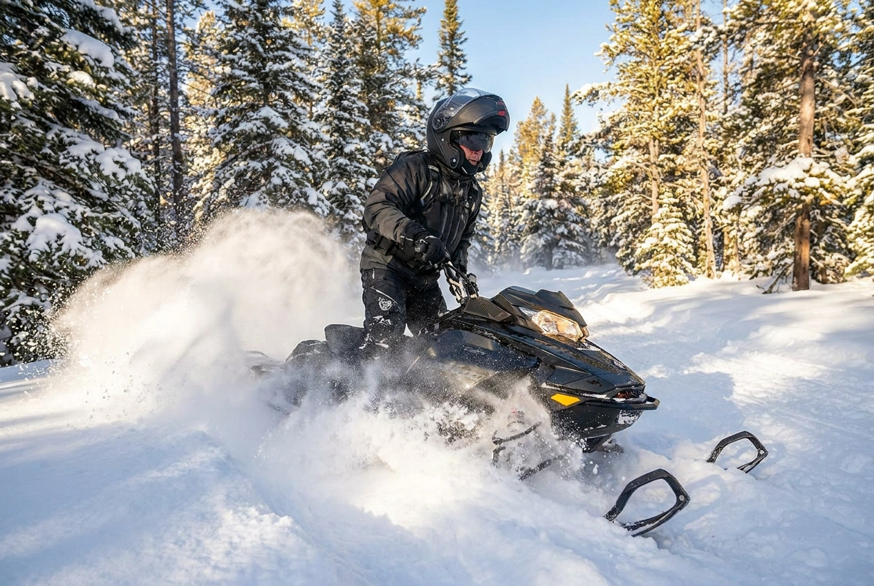 Snowmobiler riding through fresh powder wearing a modular snowmobile helmet