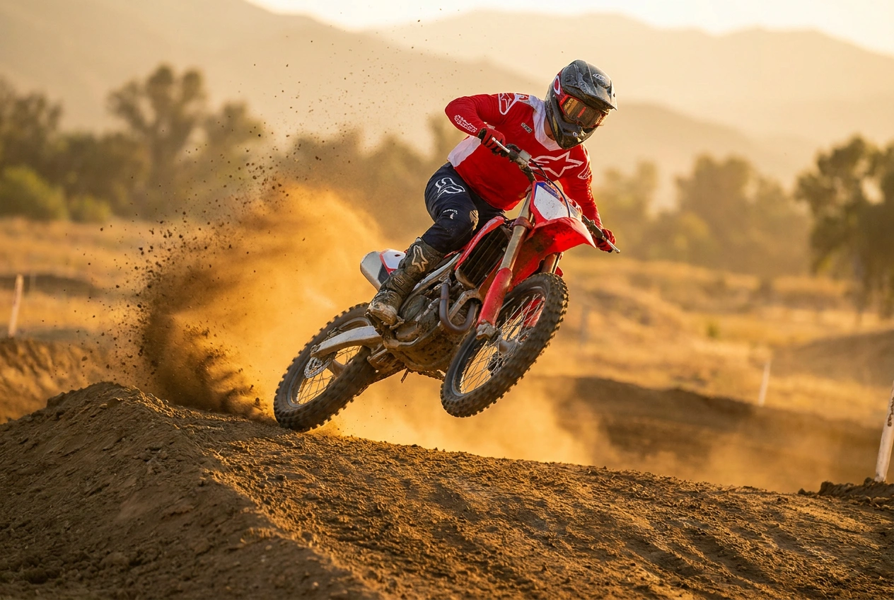 Motocross rider mid-jump with full-face MX helmet on a dirt track at golden hour