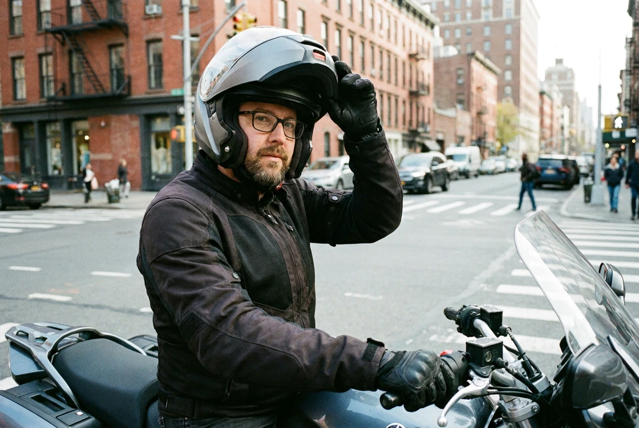 Motorcyclist with glasses lifting chin bar of modular helmet in urban setting