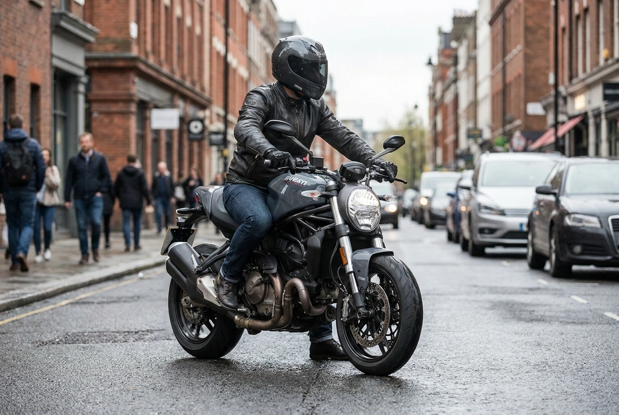 Motorcyclist on a naked bike wearing a full-face helmet on a city street