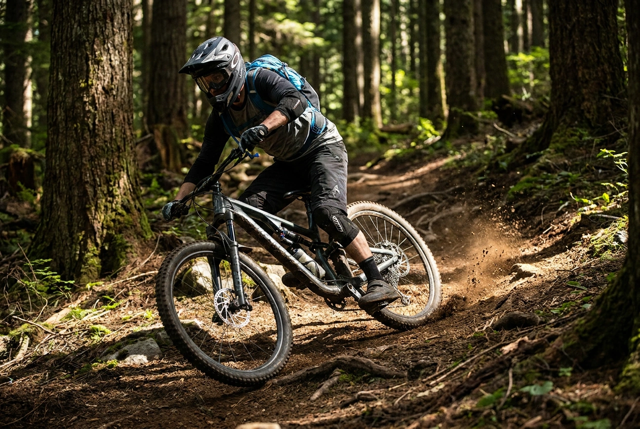 Mountain biker riding forest singletrack trail wearing a trail helmet