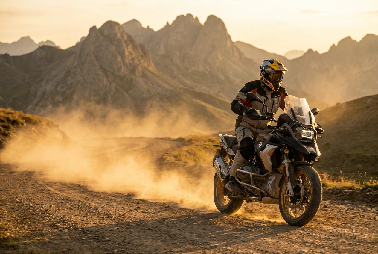 Adventure motorcycle rider on a dirt trail with dual-sport helmet, peak visor, and goggles - mountain scenery at golden hour
