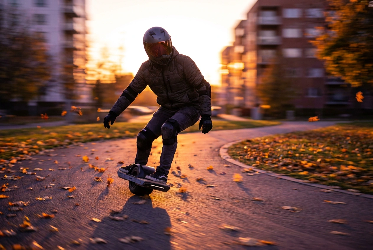 Rider on a Onewheel wearing a full-face helmet carving down an urban path at golden hour