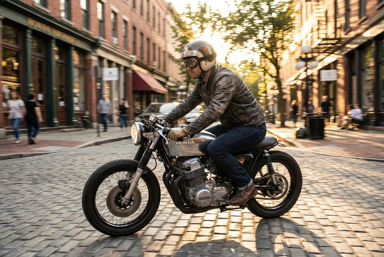 Cafe racer rider on a vintage motorcycle wearing a 3/4 open-face helmet and goggles