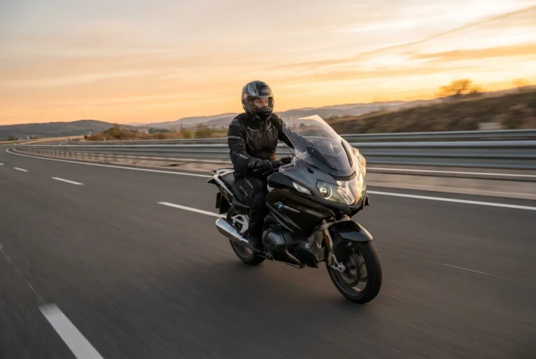 Sport-touring motorcyclist on a highway at sunset wearing a quiet full-face helmet