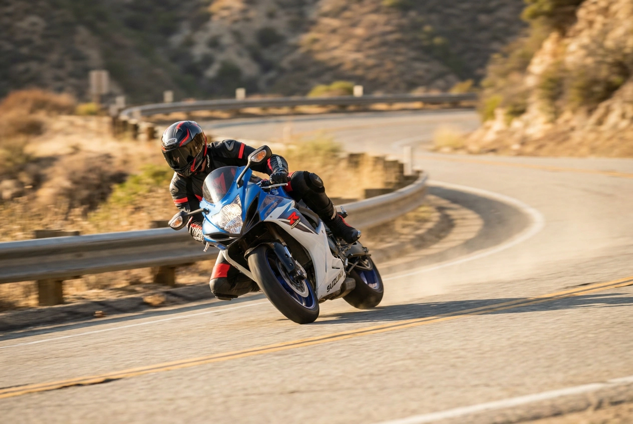 Sportbike rider cornering on a canyon road wearing a full-face Scorpion-style helmet