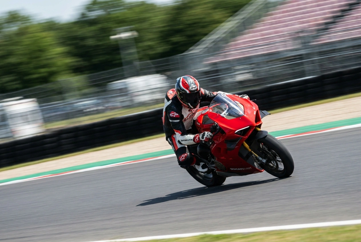 Track rider leaning on sportbike at speed wearing full-face helmet on racetrack