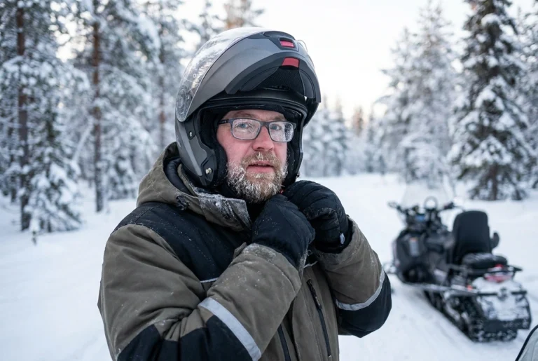 Snowmobiler wearing glasses and a snowmobile helmet in a snowy forest, adjusting helmet on a winter trail