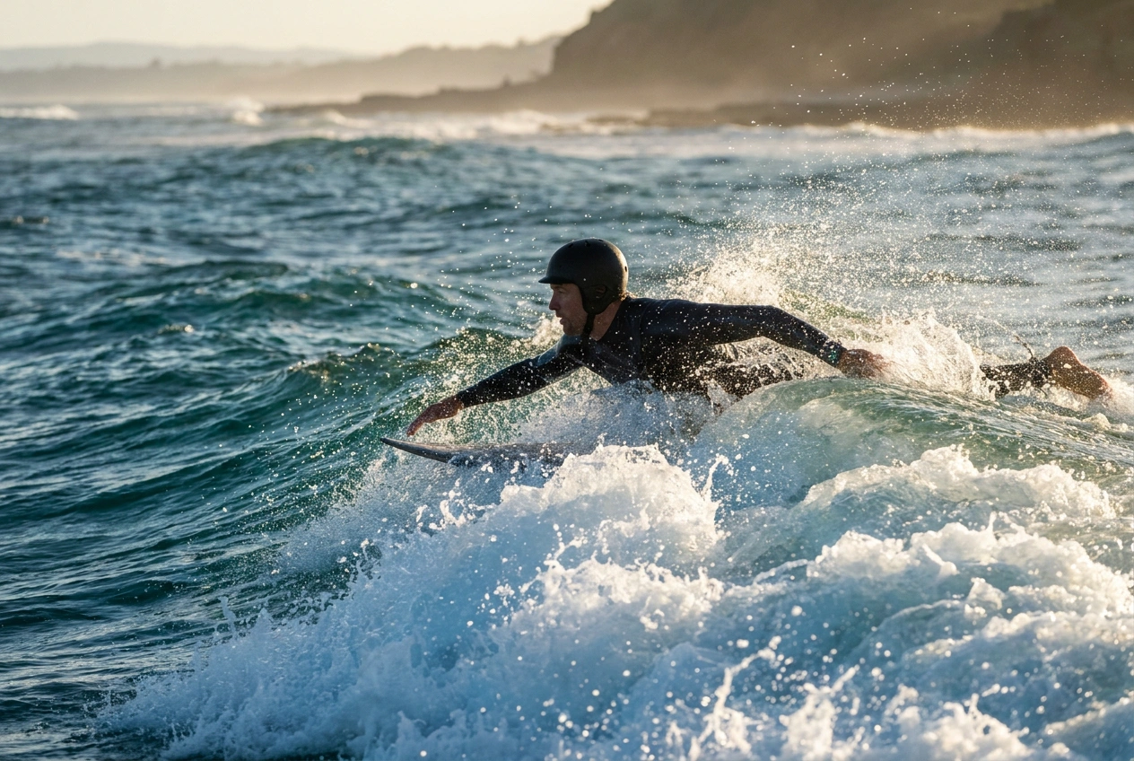 Surfer riding a wave at a reef break wearing a low-profile surf helmet