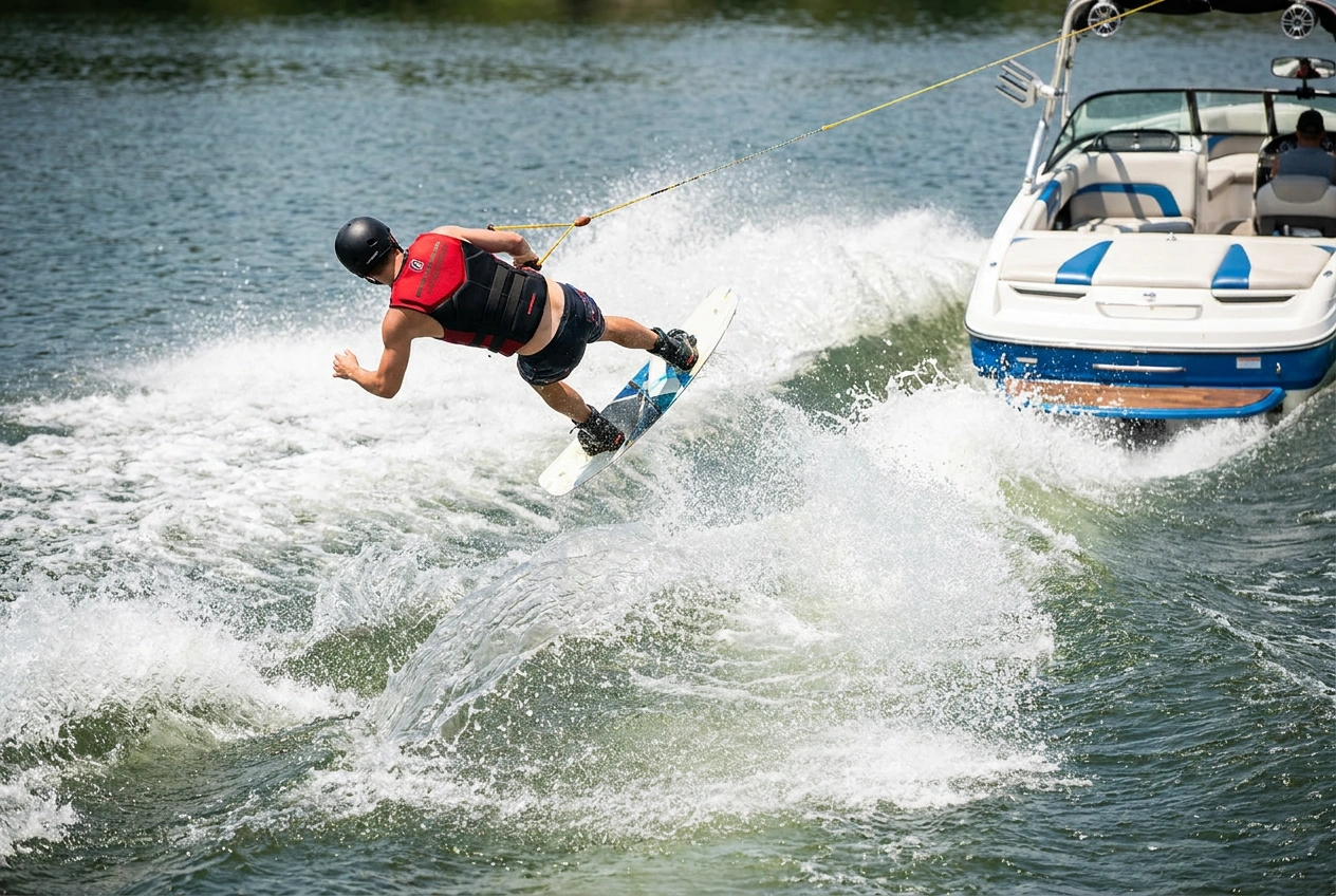 Wakeboarder jumping wake behind boat wearing water-sports helmet and life vest