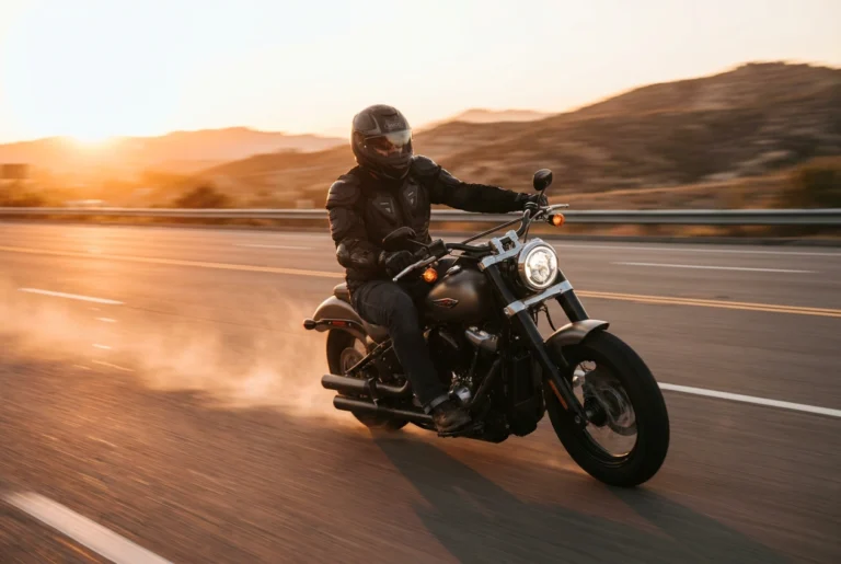 Large-build motorcyclist on a cruiser wearing a full-face helmet on an open highway
