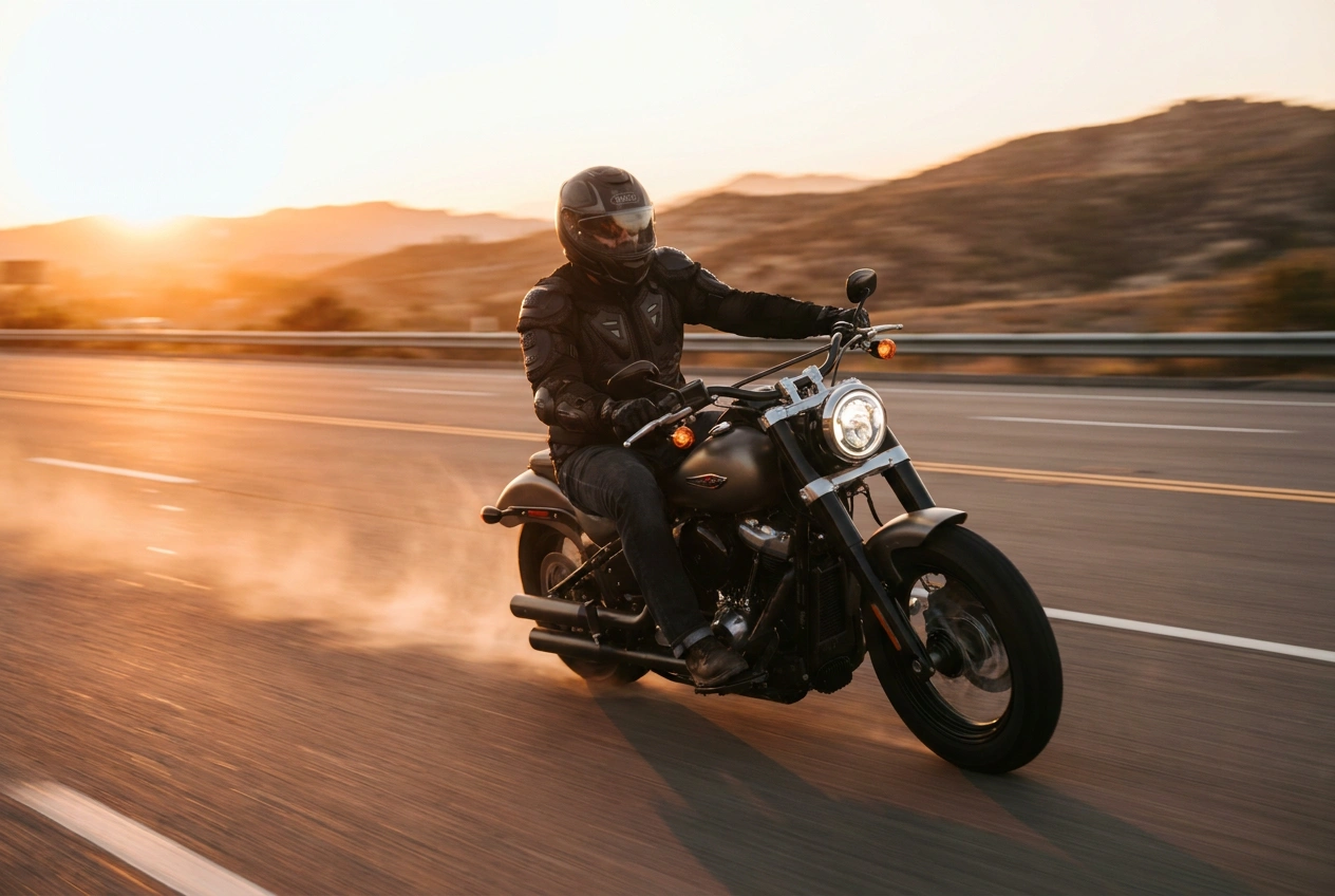 Large-build motorcyclist on a cruiser wearing a full-face helmet on an open highway
