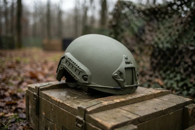 High-cut tactical bump helmet with rails and shroud on a crate