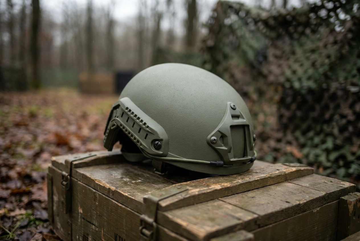 High-cut tactical bump helmet with rails and shroud on a crate