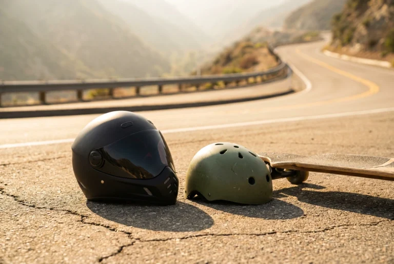 Full-face and half-shell longboard helmets on a mountain road