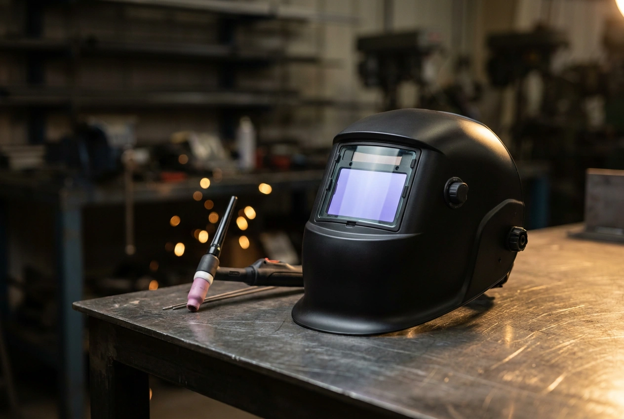Auto-darkening welding helmet on a workshop bench