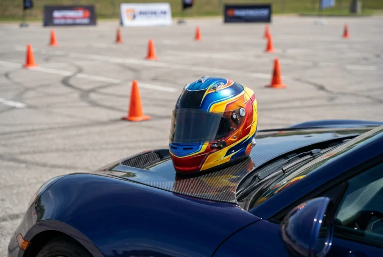 Auto racing helmet at an autocross course with cones