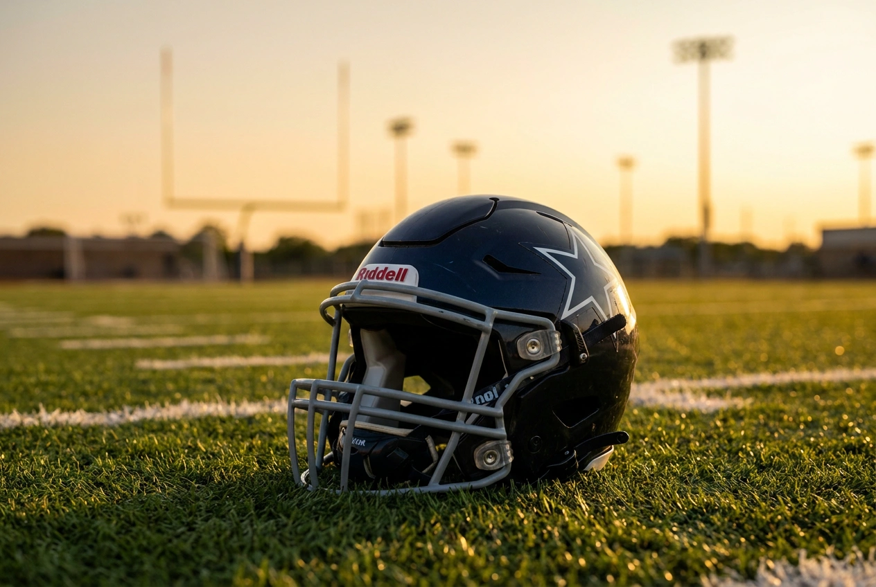 Football helmet on stadium turf