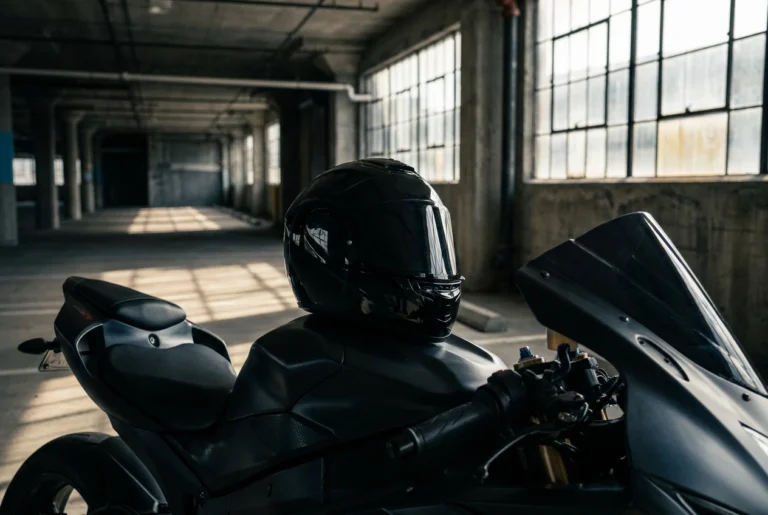 Full-face street motorcycle helmet on a sportbike tank