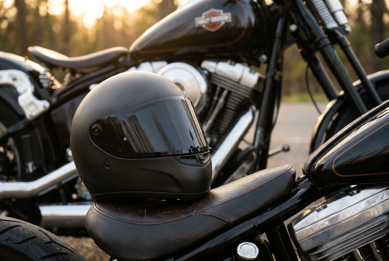 Full-face helmet on a Harley cruiser seat