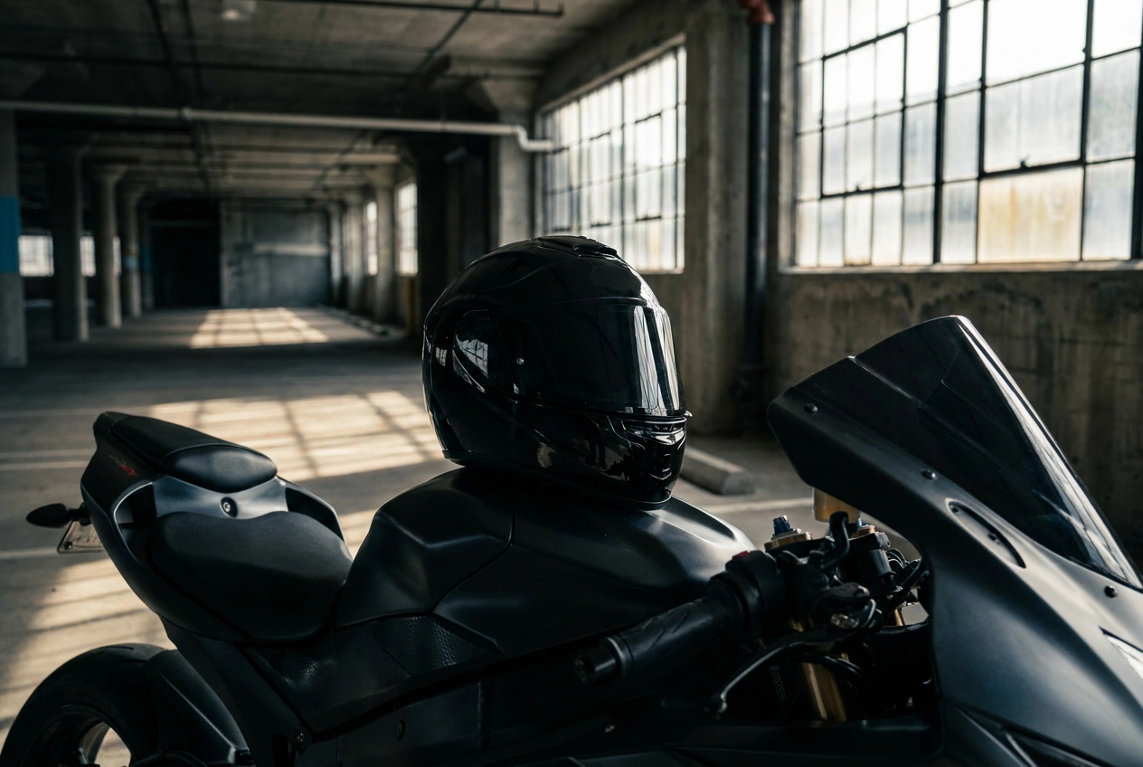 Full-face street motorcycle helmet on a sportbike tank
