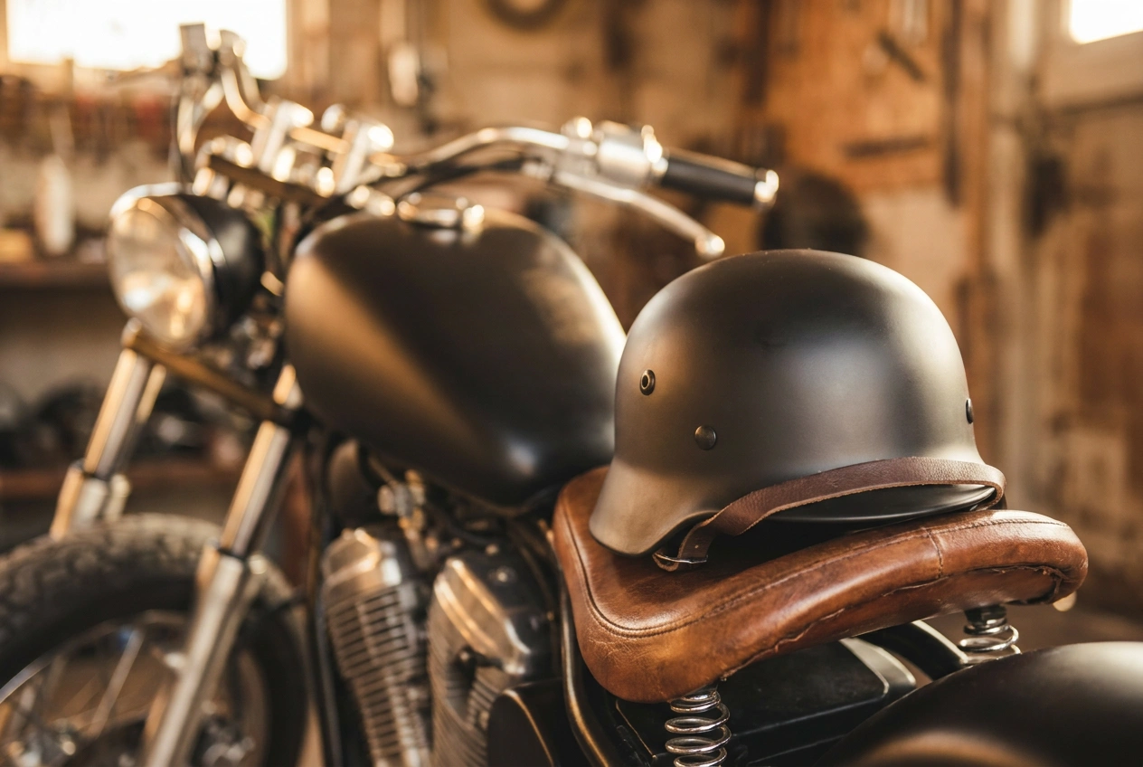German style half helmet on a bobber motorcycle seat