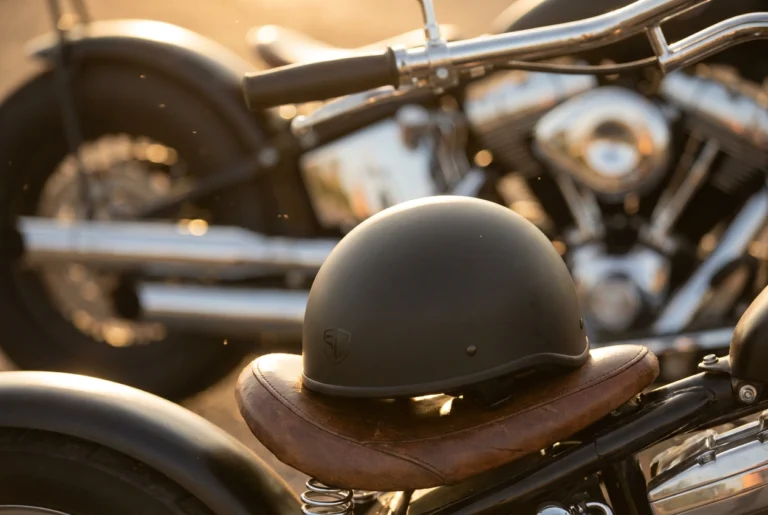 Low-profile half helmet on a bobber seat