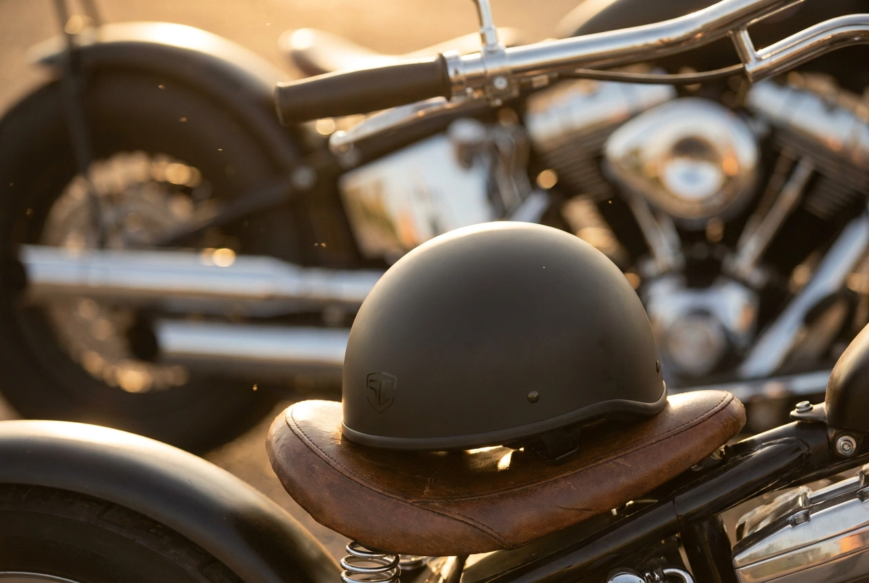 Low-profile half helmet on a bobber seat