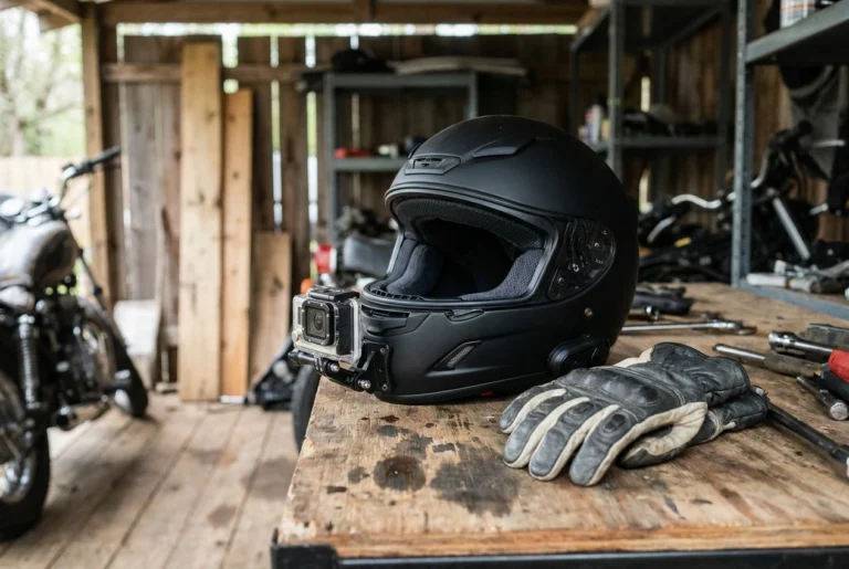 Action camera mounted on motorcycle helmet chin mount