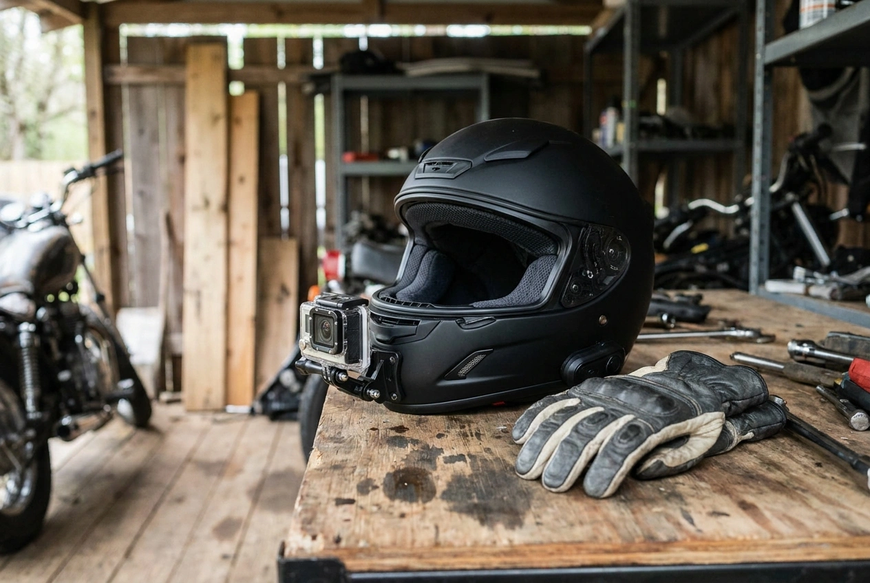 Action camera mounted on motorcycle helmet chin mount