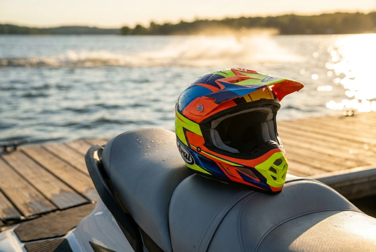 Watersports helmet on a jet ski seat at a dock