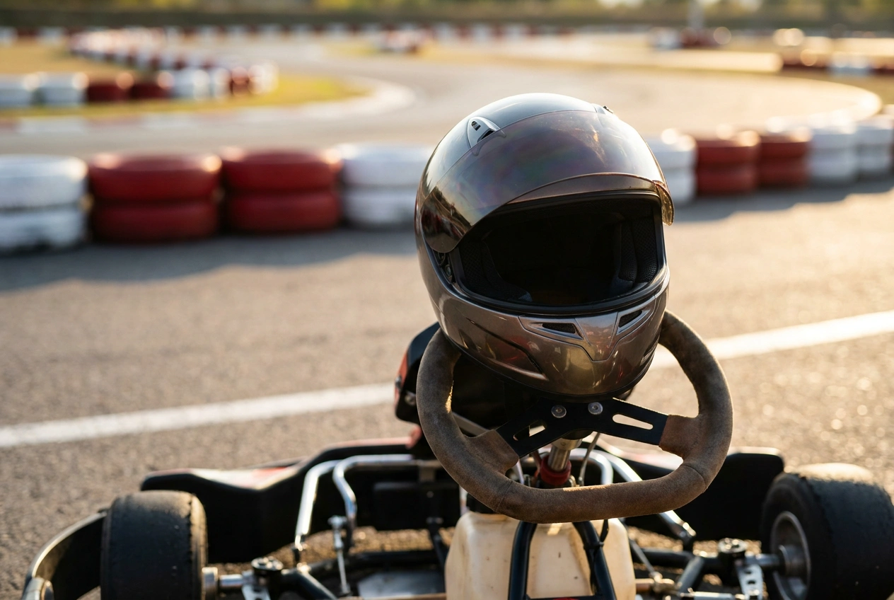 Racing helmet on a go-kart at the track