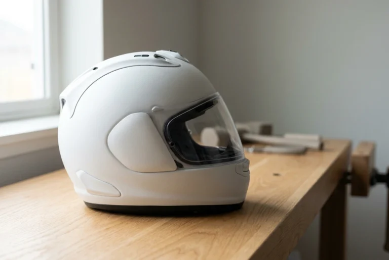 Lightweight full-face motorcycle helmet on a workbench