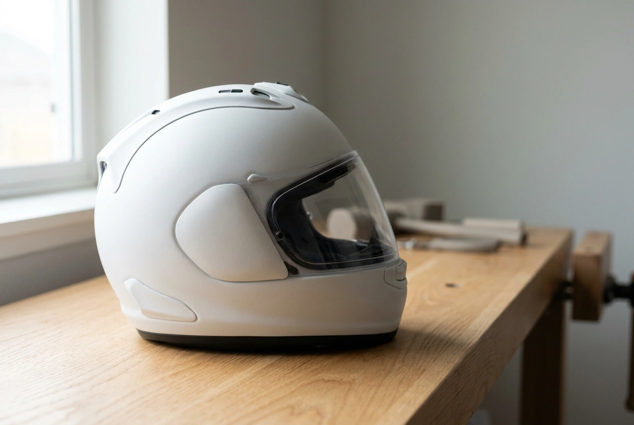 Lightweight full-face motorcycle helmet on a workbench