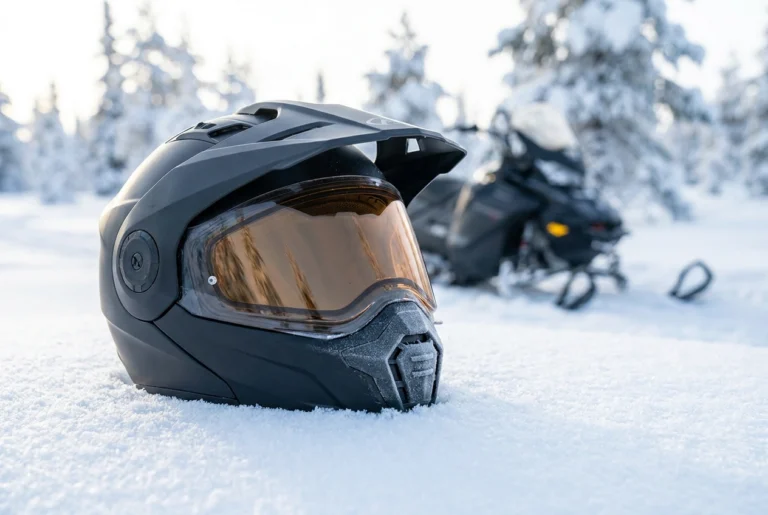 Snowmobile helmet with breath box in the snow