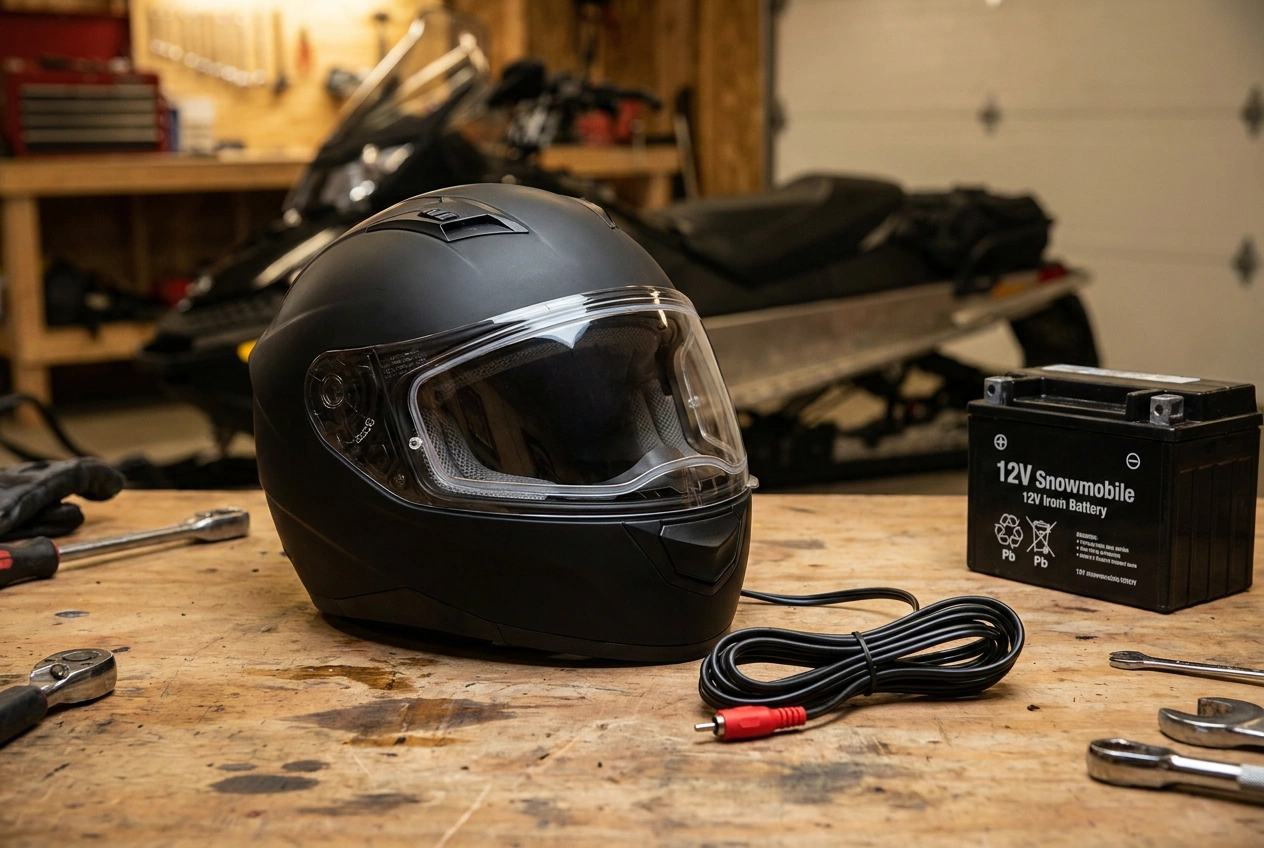 Heated snowmobile helmet with shield power cord on a bench