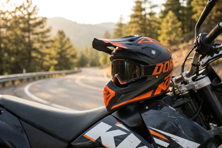 Supermoto helmet with goggles on a motard bike