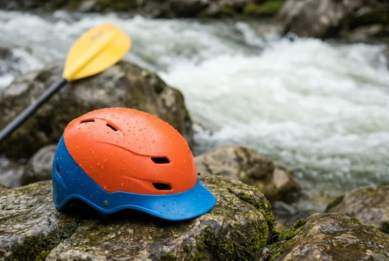Whitewater kayak helmet on river rocks by rapids