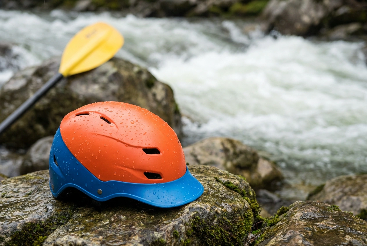 Whitewater kayak helmet on river rocks by rapids